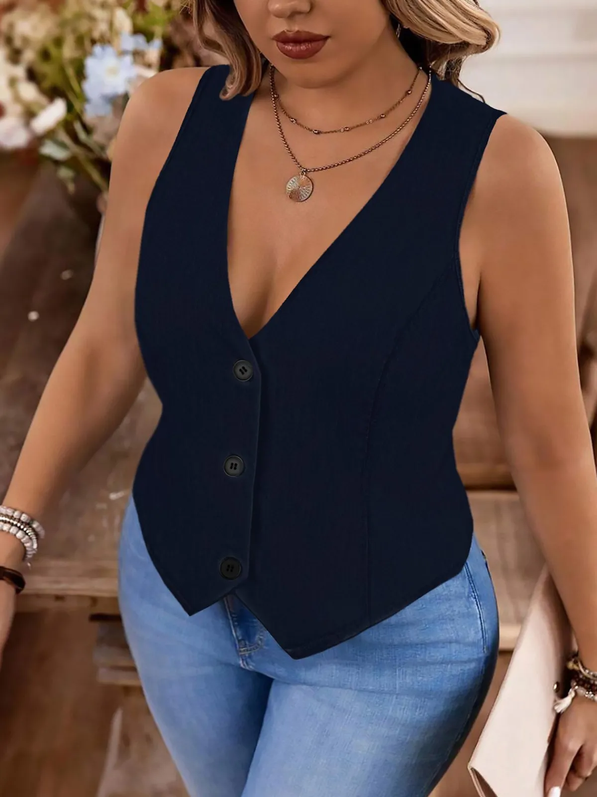 Best Retro Stage [Plus Size] 1950s V-Neck Sleeveless Vest Dark Blue