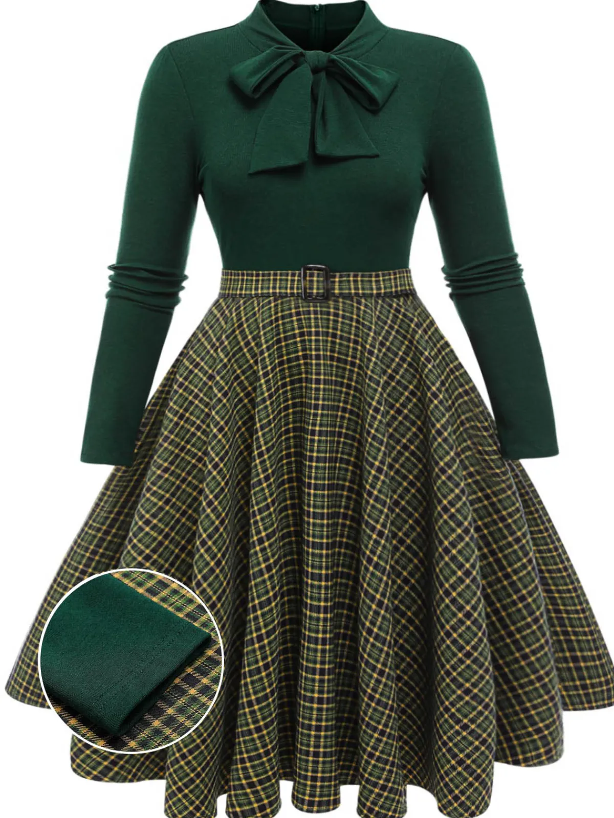 Hot Retro Stage [Plus Size] 1950s Plaid Knitting Dress Dark Green