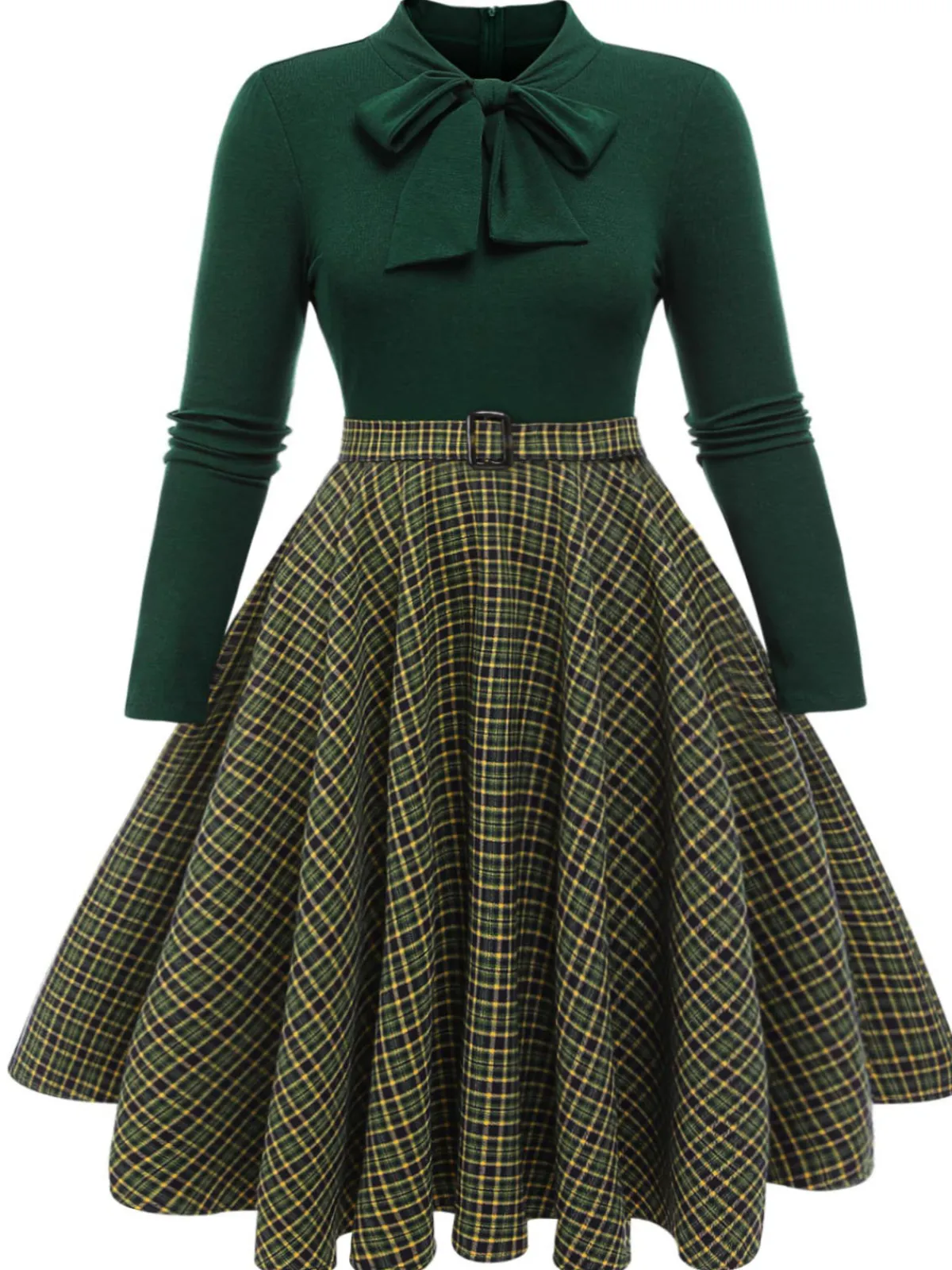 Hot Retro Stage [Plus Size] 1950s Plaid Knitting Dress Dark Green