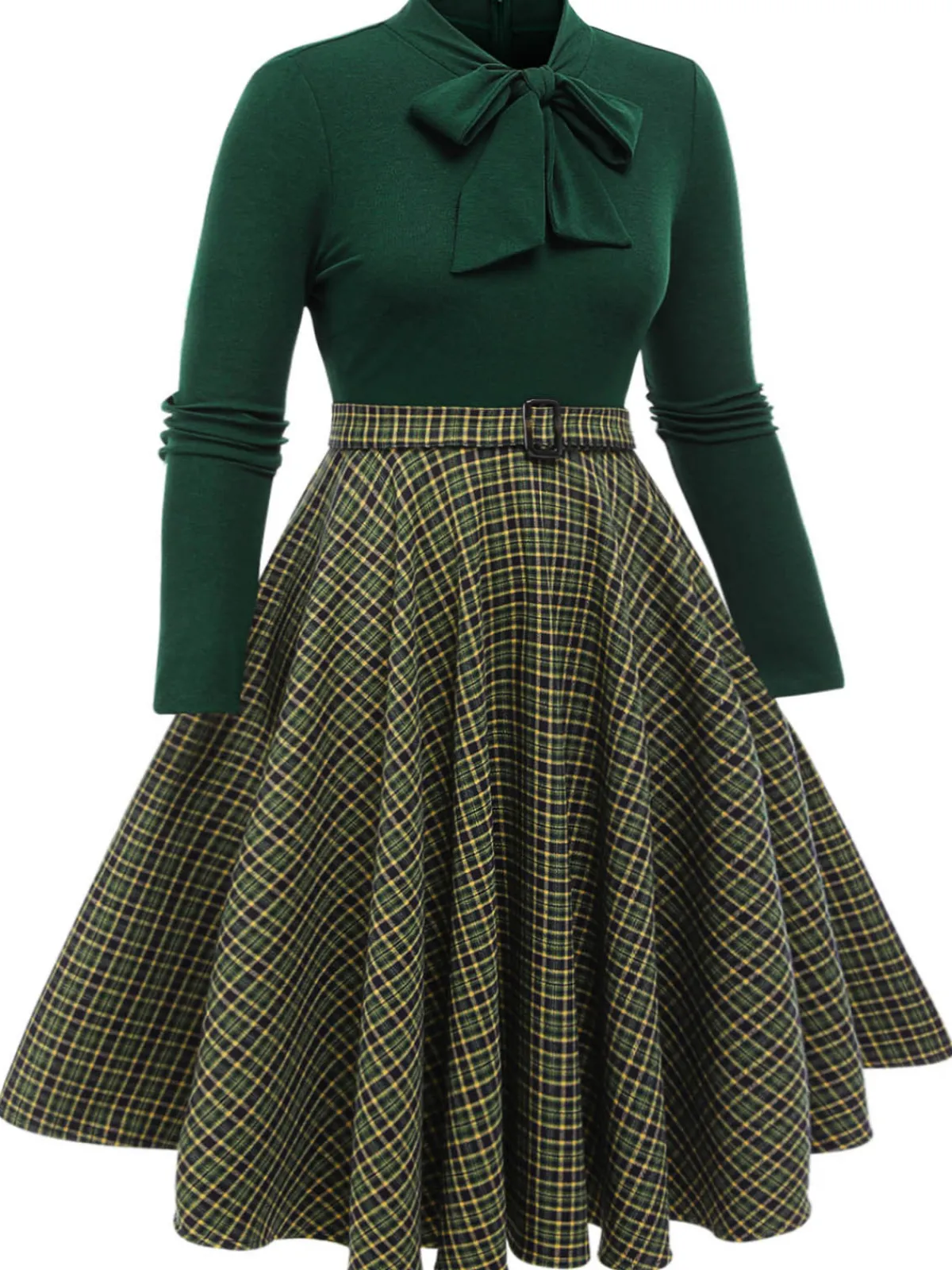 Hot Retro Stage [Plus Size] 1950s Plaid Knitting Dress Dark Green