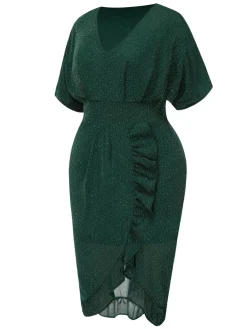 New Retro Stage [Plus Size] 1940s V-Neck Ruffles Solid Dress Dark Green