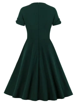 New Retro Stage [Plus Size] 1950s V-Neck Solid Swing Dress Dark Green
