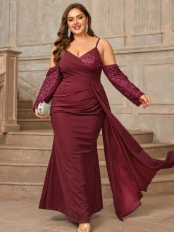 Best Retro Stage [Plus Size] 1960s Spaghetti Strap Sequined Dress Deep Red