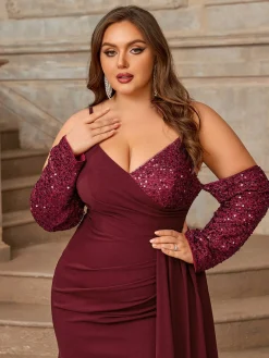 Best Retro Stage [Plus Size] 1960s Spaghetti Strap Sequined Dress Deep Red