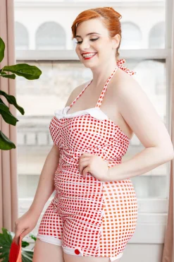 Clearance Retro Stage [Plus Size] Gingham 1950s Halter Bowknot One-piece Swimsuit Red