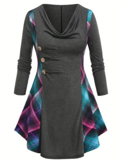 Discount Retro Stage [Plus Size] 1940s Plaid Patchwork Tunic Top Gray