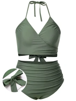 New Retro Stage [Plus Size] 1930s Halter Strappy Tankini Swimsuit Green Grey