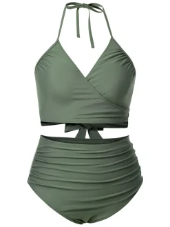 New Retro Stage [Plus Size] 1930s Halter Strappy Tankini Swimsuit Green Grey