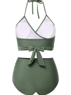 New Retro Stage [Plus Size] 1930s Halter Strappy Tankini Swimsuit Green Grey