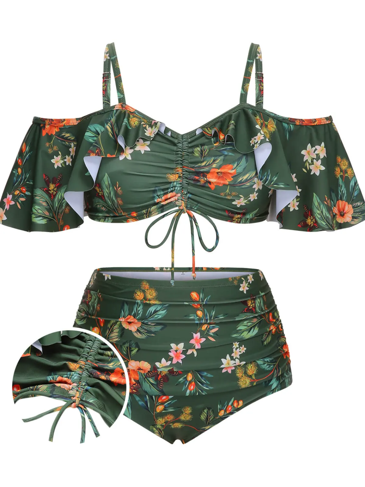 Sale Retro Stage [Plus Size] 1950s Floral Drawstring Swimsuit Set Green