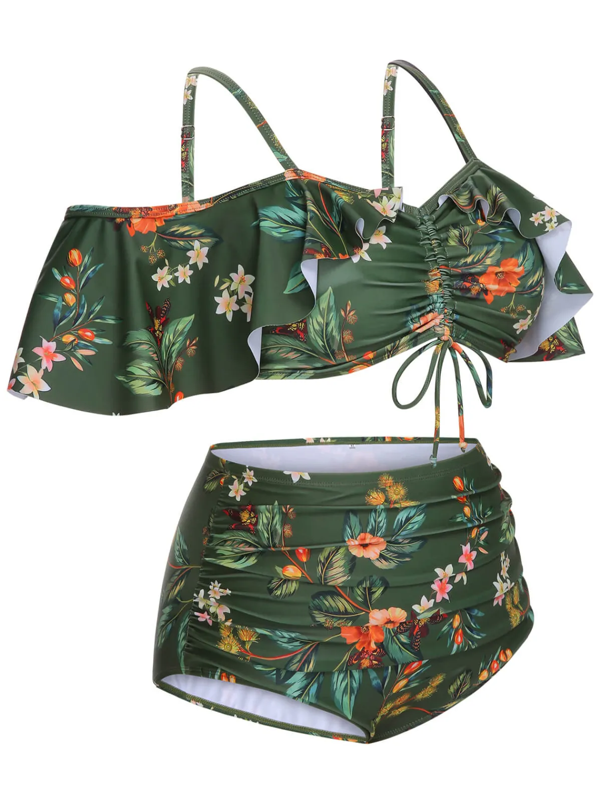 Sale Retro Stage [Plus Size] 1950s Floral Drawstring Swimsuit Set Green