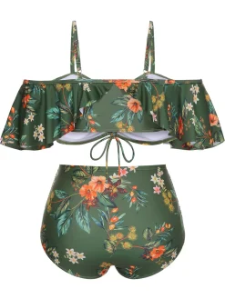 Sale Retro Stage [Plus Size] 1950s Floral Drawstring Swimsuit Set Green