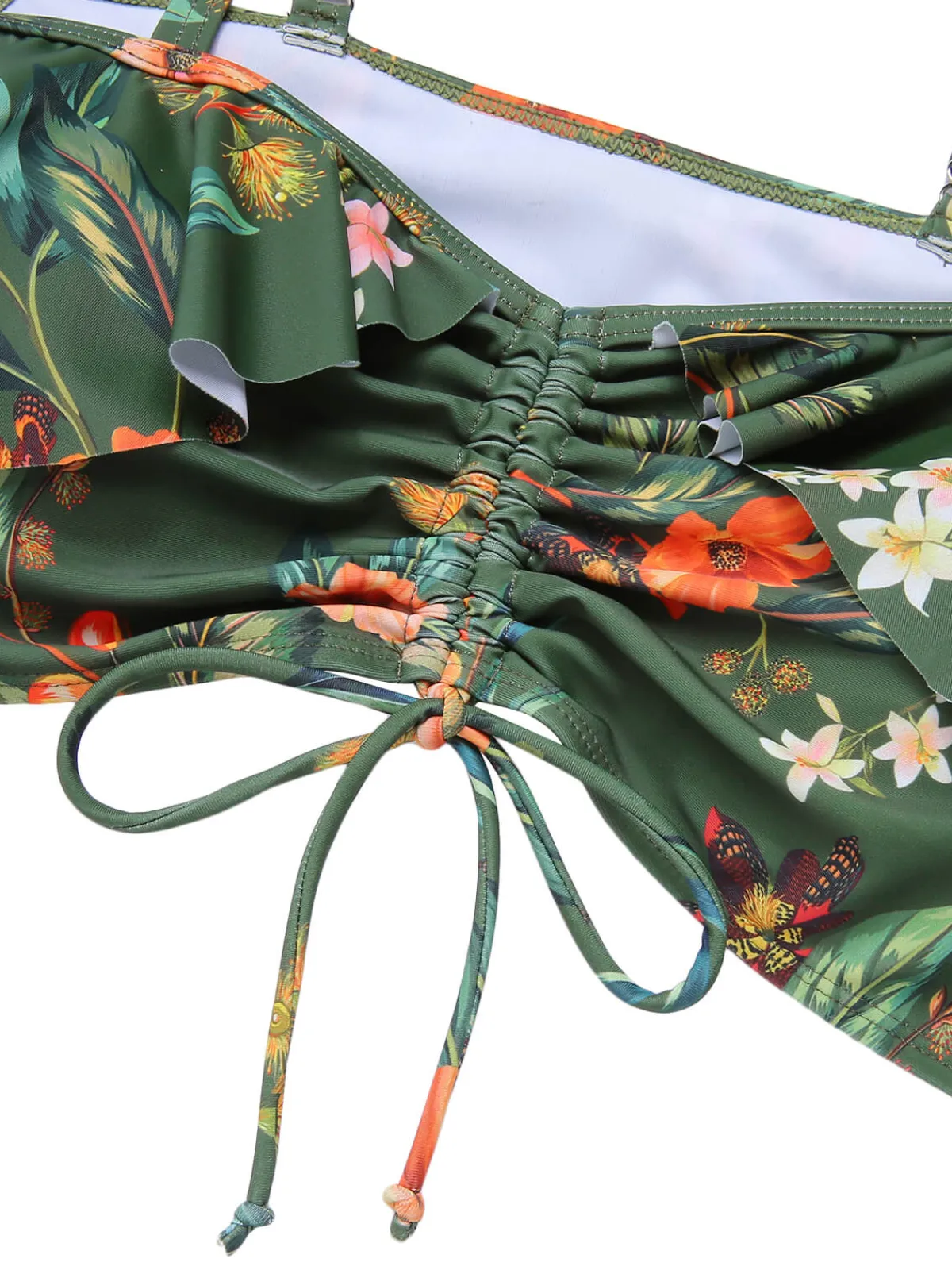 Sale Retro Stage [Plus Size] 1950s Floral Drawstring Swimsuit Set Green