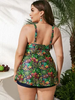 Outlet Retro Stage [Plus Size] 1960s Hippie Prints Bow Tankini Green