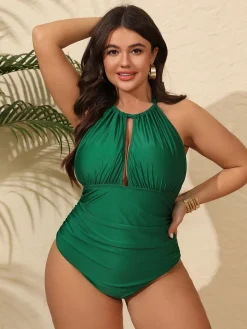 Fashion Retro Stage [Plus Size] 1950s Keyhole Neck Halter Swimsuit Green