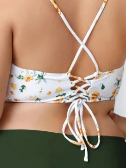 Hot Retro Stage [Plus Size] 1950s Lace-Up Floral Bikini Set Green