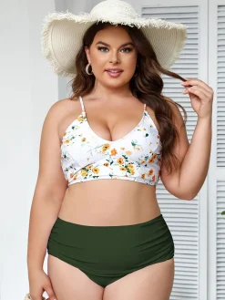 Hot Retro Stage [Plus Size] 1950s Lace-Up Floral Bikini Set Green
