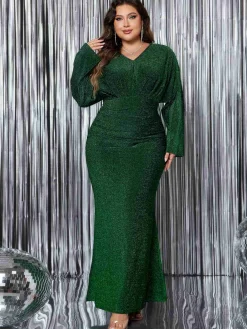 New Retro Stage [Plus Size] 1930s Solid Glitter V-Neck Mermaid Dress Green