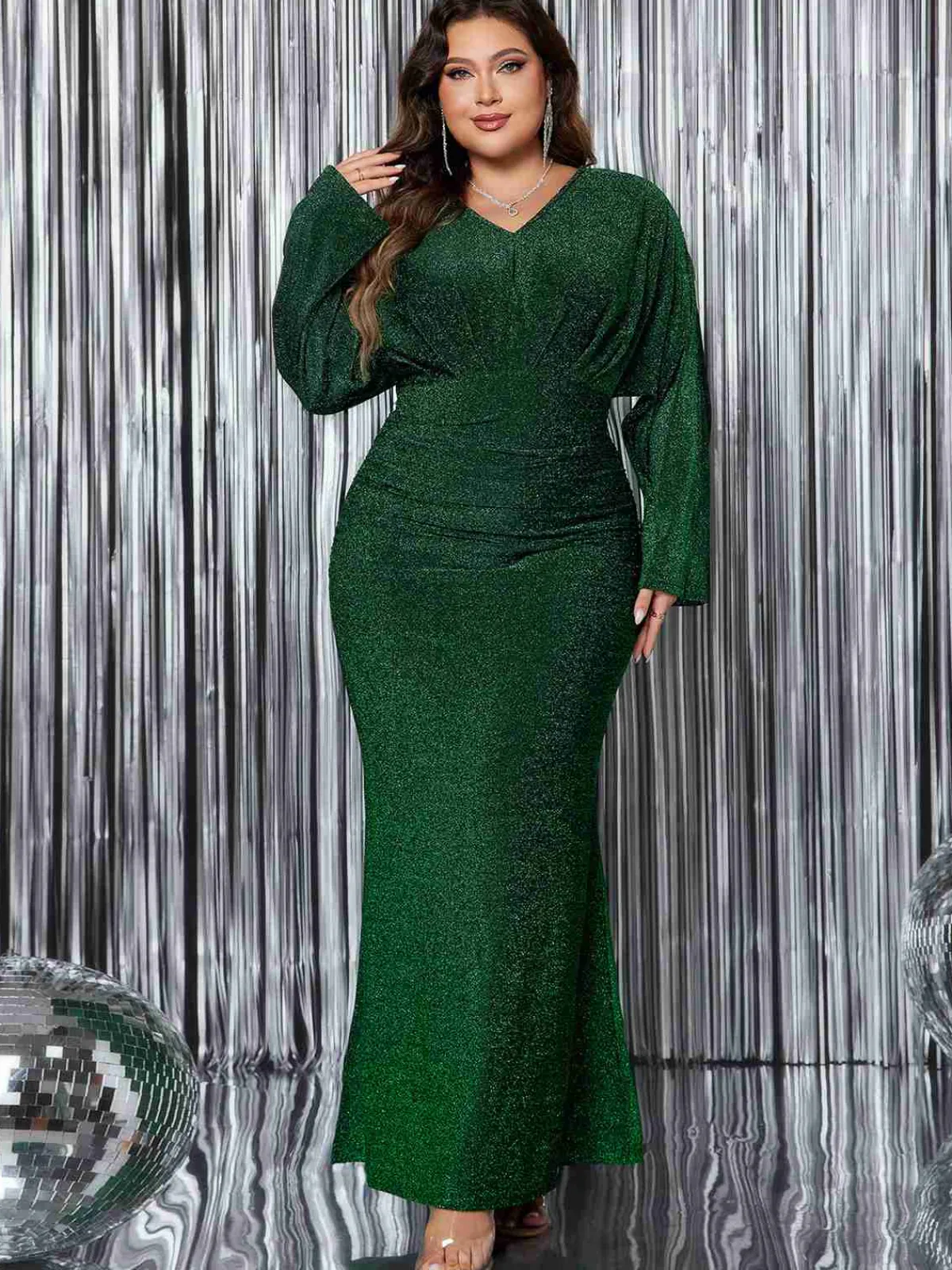 New Retro Stage [Plus Size] 1930s Solid Glitter V-Neck Mermaid Dress Green