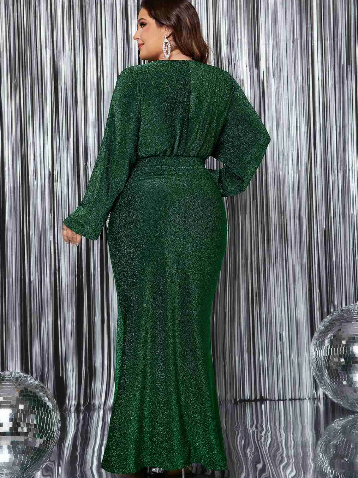 New Retro Stage [Plus Size] 1930s Solid Glitter V-Neck Mermaid Dress Green