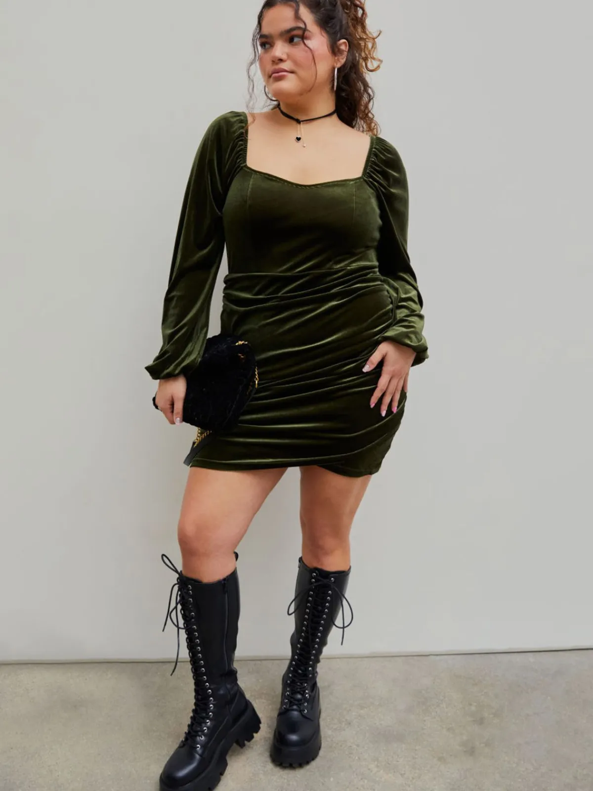 Discount Retro Stage [Plus Size] 1960s Solid Sweetheart Wrap Dress Green