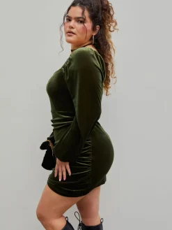 Discount Retro Stage [Plus Size] 1960s Solid Sweetheart Wrap Dress Green