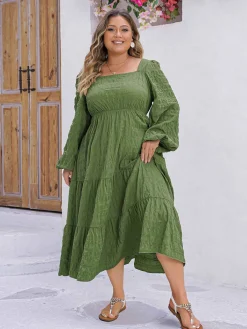 Discount Retro Stage [Plus Size] 1950s Square Neck Solid Dress Green