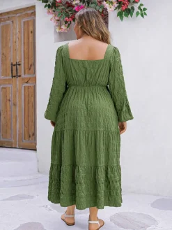 Discount Retro Stage [Plus Size] 1950s Square Neck Solid Dress Green