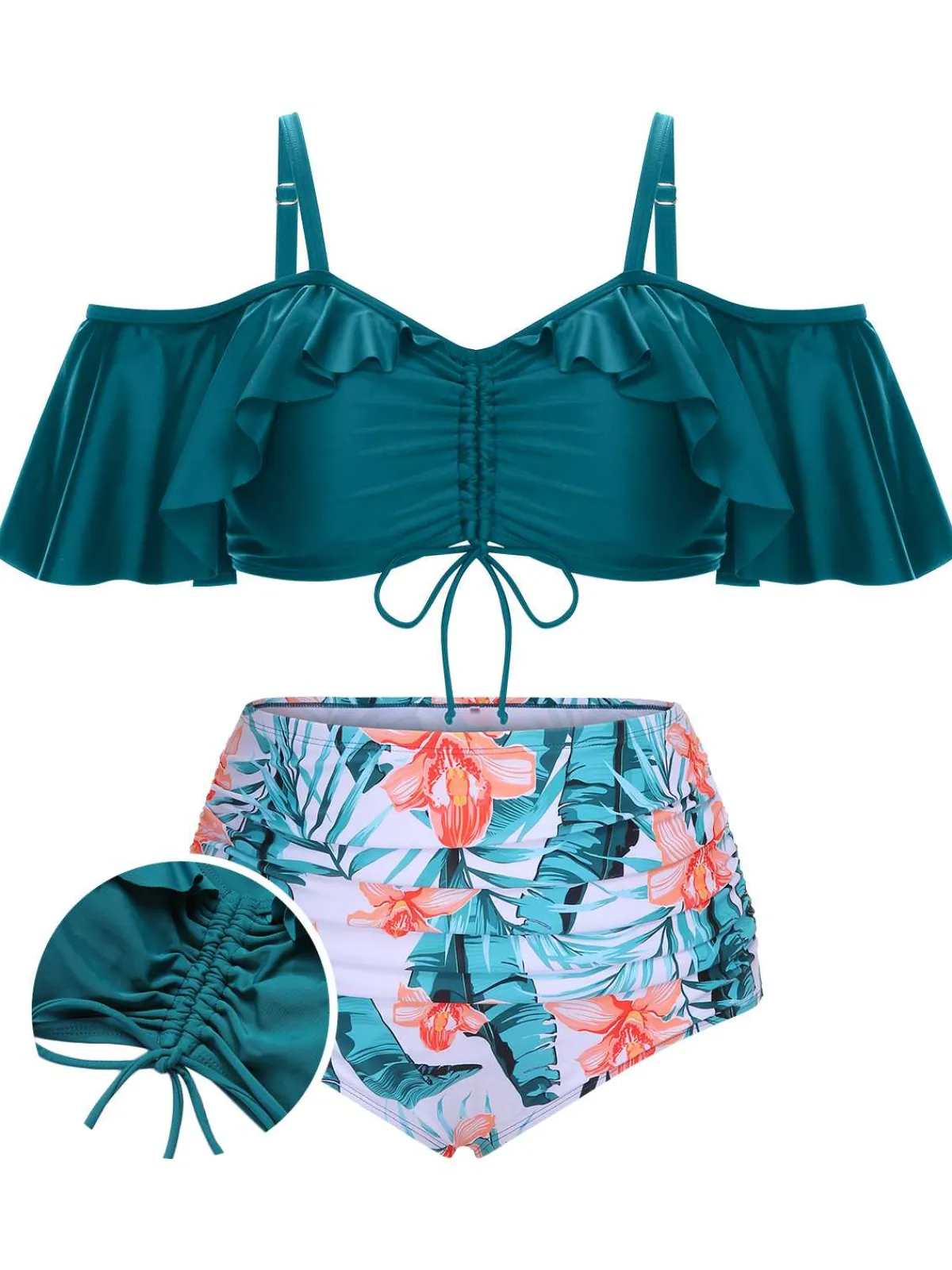 Fashion Retro Stage [Plus Size] Green 1950s Strap Floral Ruffles Swimsuit Ceramic Green