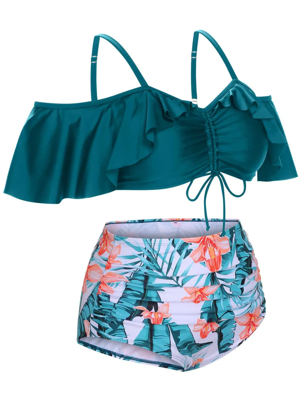 Fashion Retro Stage [Plus Size] Green 1950s Strap Floral Ruffles Swimsuit Ceramic Green