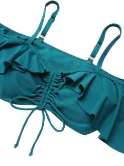 Fashion Retro Stage [Plus Size] Green 1950s Strap Floral Ruffles Swimsuit Ceramic Green