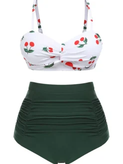 Online Retro Stage [Plus Size] 1950s Sweetheart Neckline Cherry Spaghetti Strap Bikini Set Green