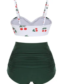 Online Retro Stage [Plus Size] 1950s Sweetheart Neckline Cherry Spaghetti Strap Bikini Set Green