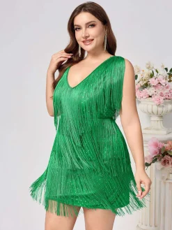 Sale Retro Stage [Plus Size] 1920s V-Neck Tassels Flapper Dress Green