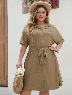Clearance Retro Stage [Plus Size] 1950s Solid Hooded Belt Dress Khaki