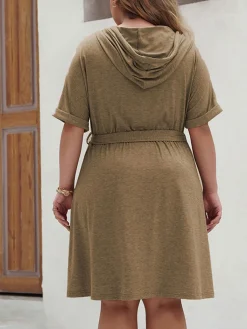 Clearance Retro Stage [Plus Size] 1950s Solid Hooded Belt Dress Khaki