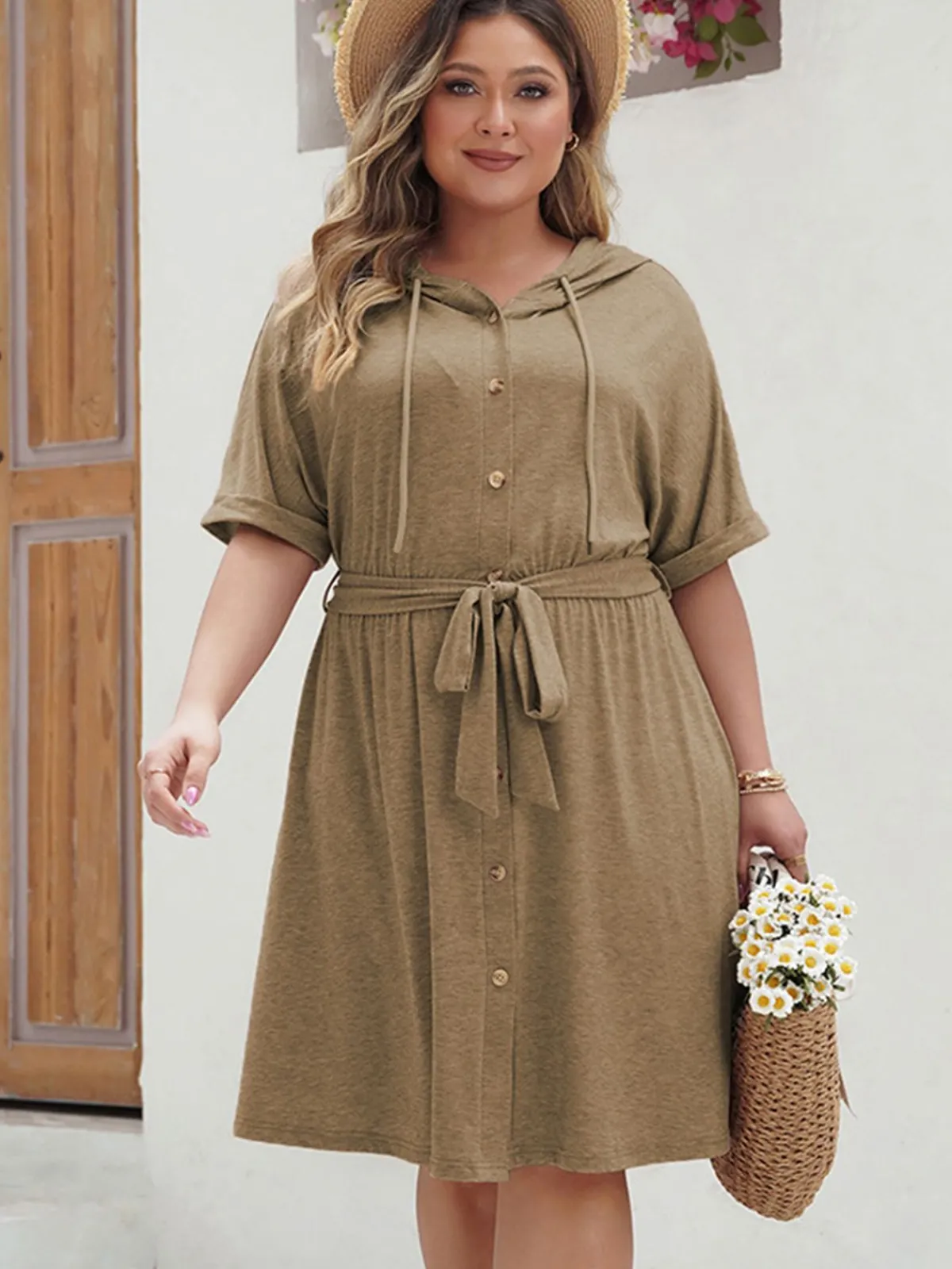 Clearance Retro Stage [Plus Size] 1950s Solid Hooded Belt Dress Khaki