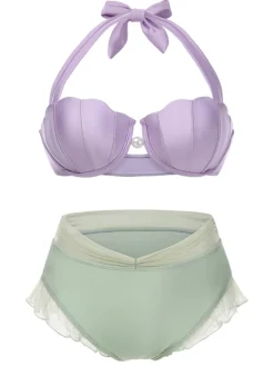 Sale Retro Stage [Plus Size] 1970s Mermaid Shell Halter Bikini Set Lavender