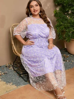 Hot Retro Stage [Plus Size] 1950s Mesh Flower Embroidered Dress Lavender