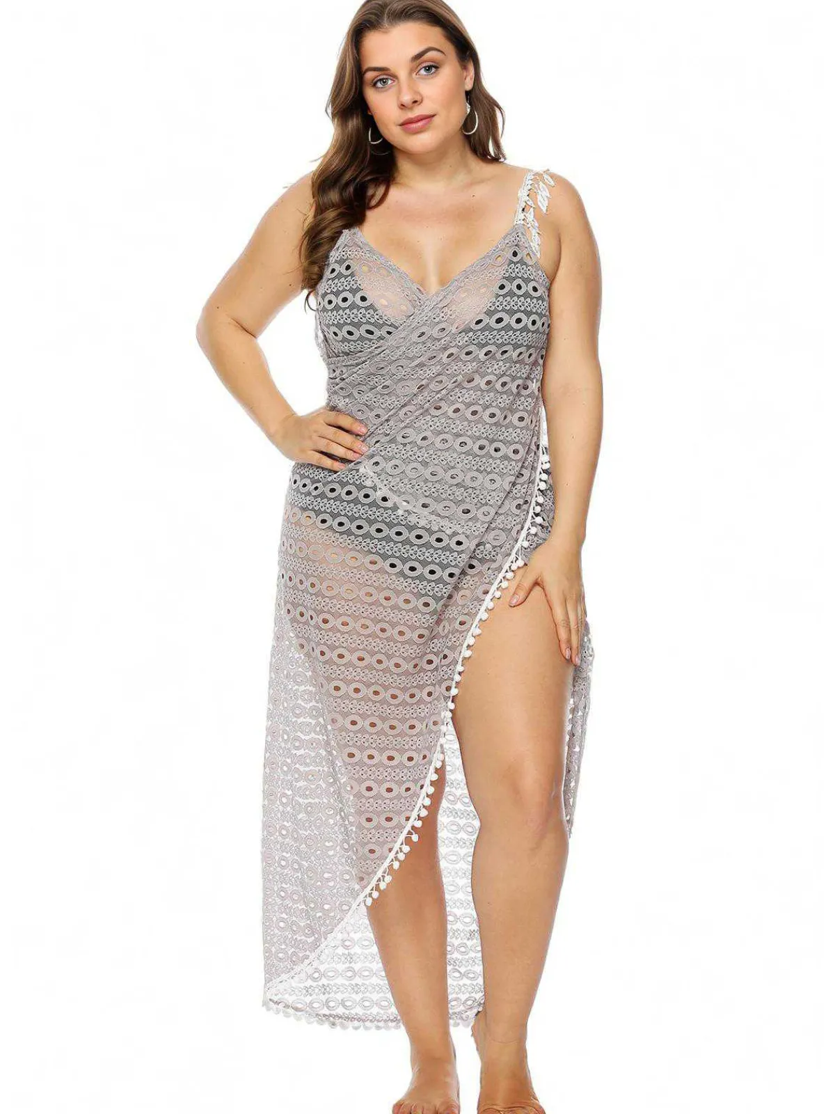 Outlet Retro Stage [Plus Size] Light Gray 1960s Hollow Fringe Cover-Up