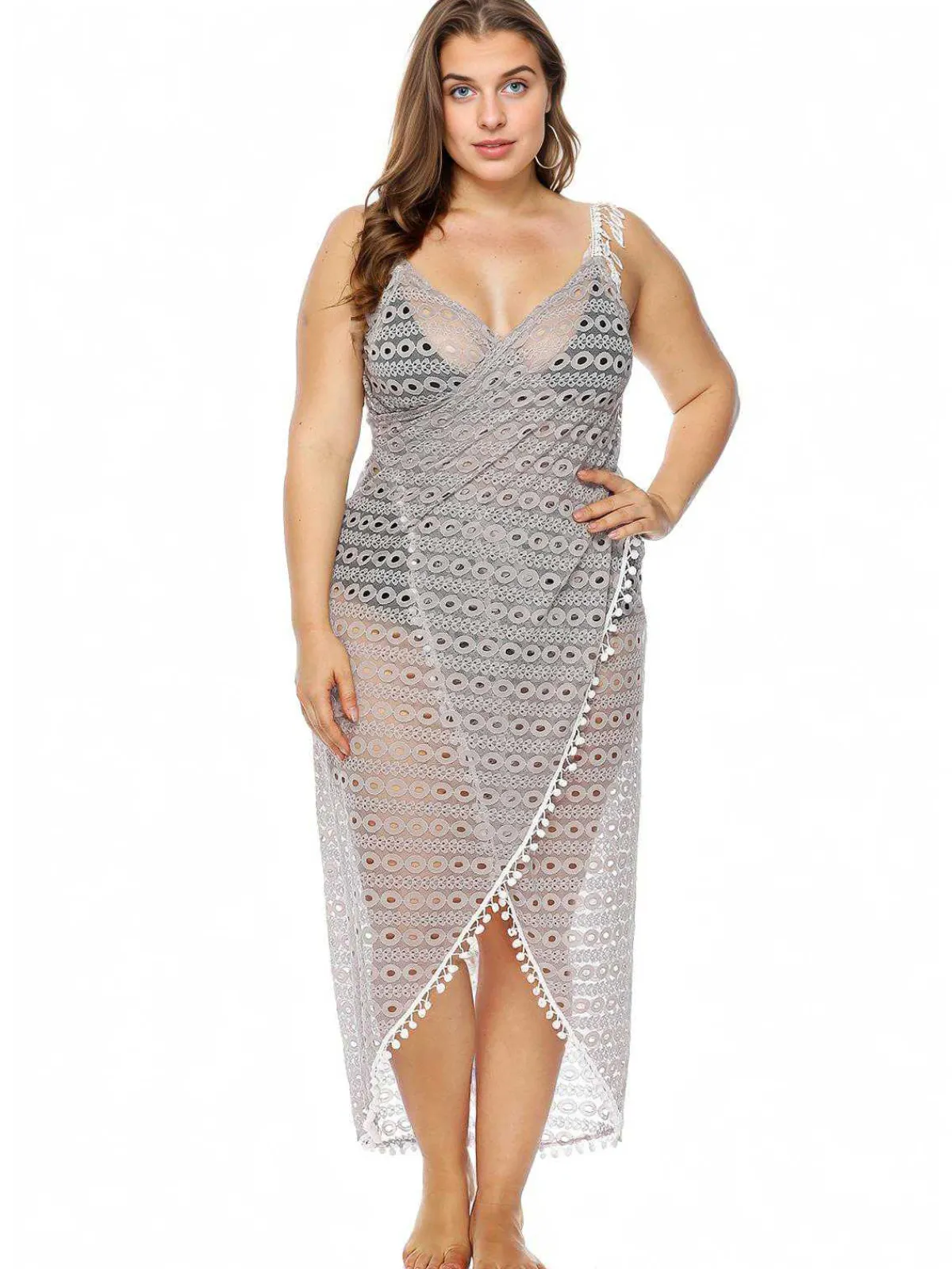 Outlet Retro Stage [Plus Size] Light Gray 1960s Hollow Fringe Cover-Up