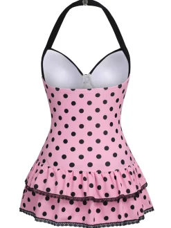 Outlet Retro Stage [Plus Size] Light Green 1940s Polka Dots Hater Swimsuit
