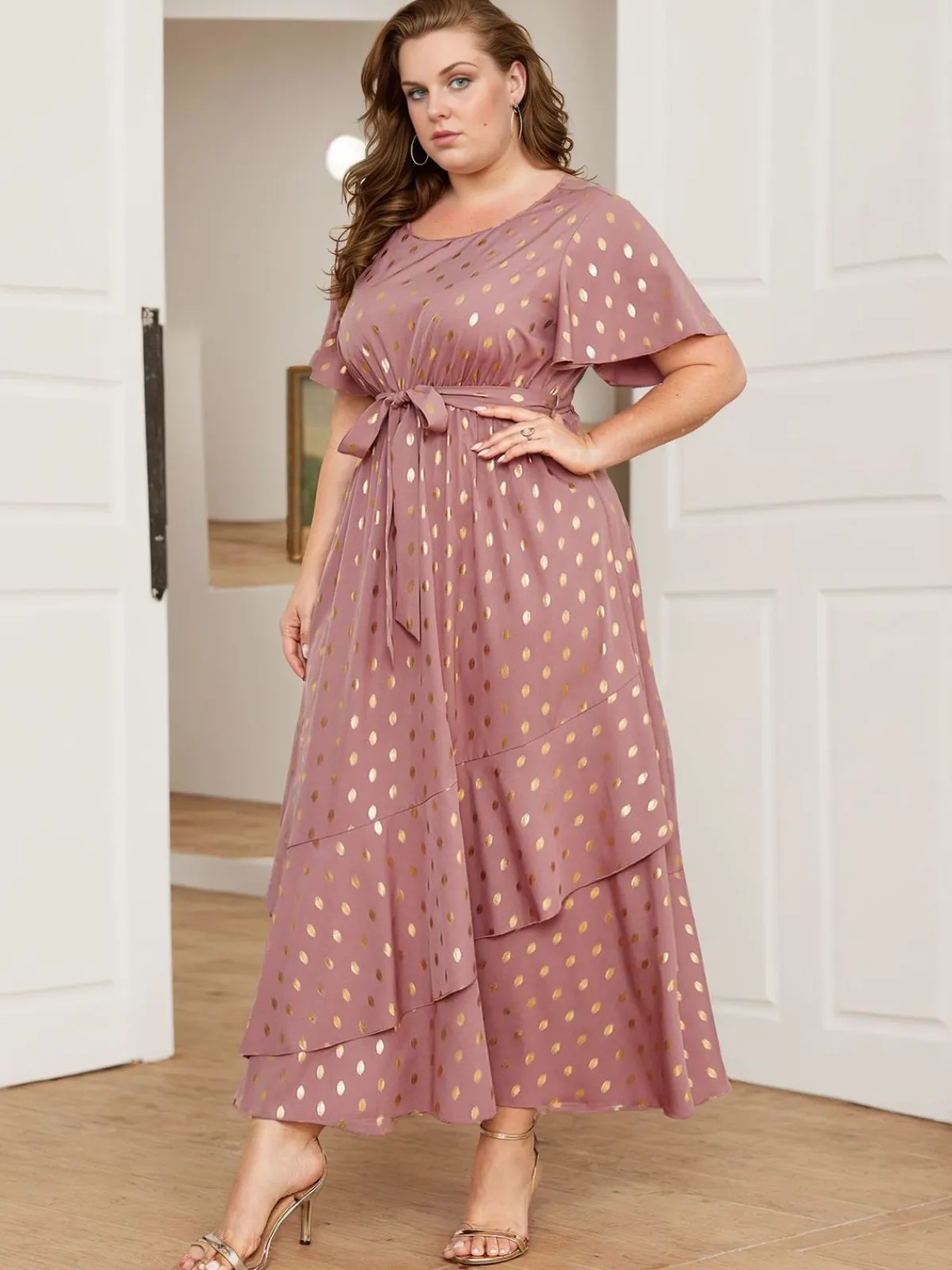 Fashion Retro Stage [Plus Size] Lotus Pink 1930s Bronzing Polka Dot Waist Dress Dark Pink