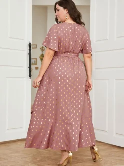 Fashion Retro Stage [Plus Size] Lotus Pink 1930s Bronzing Polka Dot Waist Dress Dark Pink