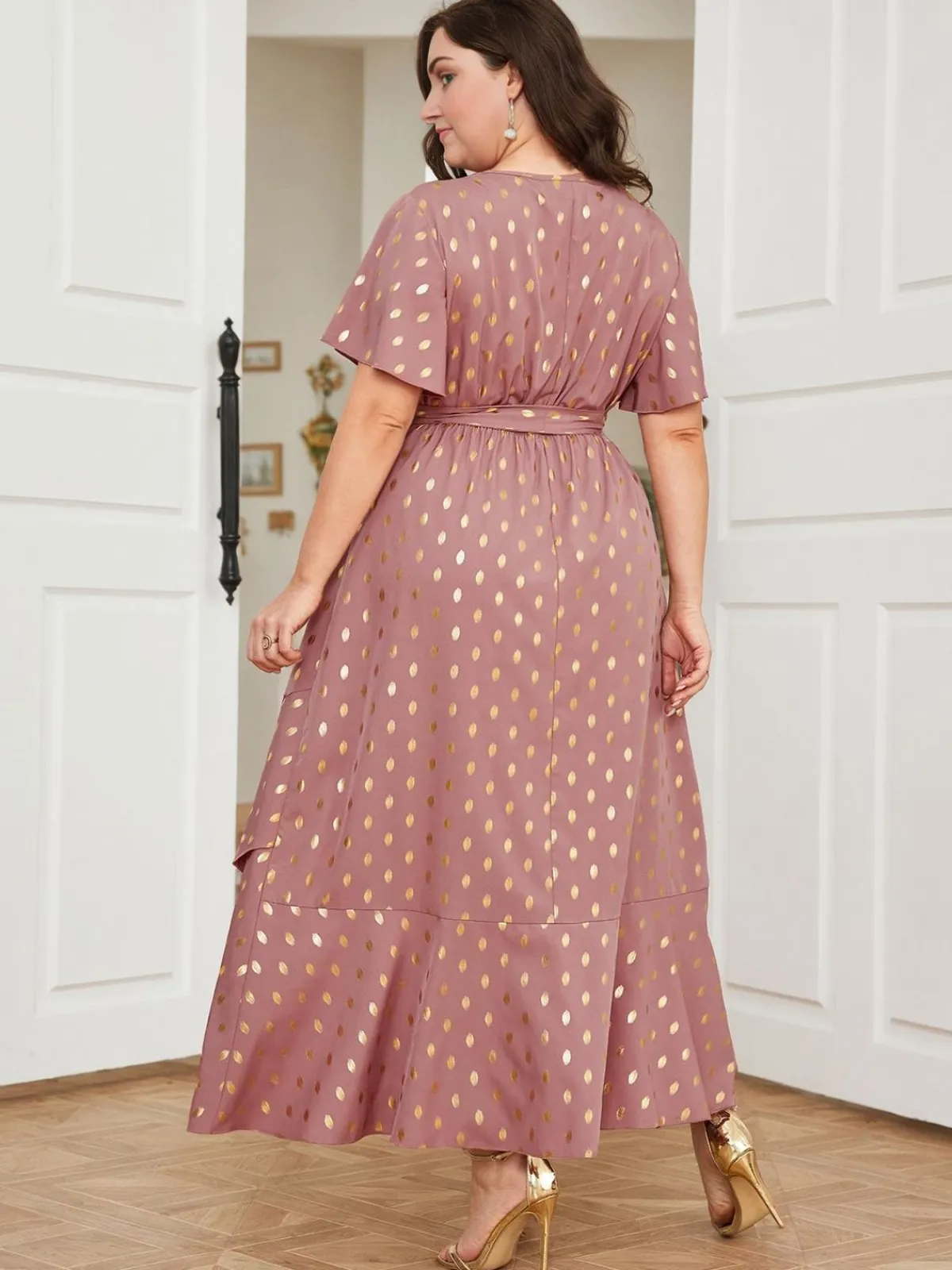 Fashion Retro Stage [Plus Size] Lotus Pink 1930s Bronzing Polka Dot Waist Dress Dark Pink
