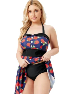 Clearance Retro Stage [Plus Size] 1930s Colorblocked Strawberry Halter Swimsuit Multicolor