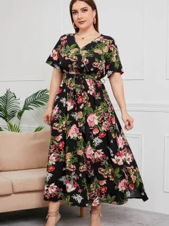 New Retro Stage [Plus Size] 1940s Floral V-Neck Tie-Up Dress Multicolor