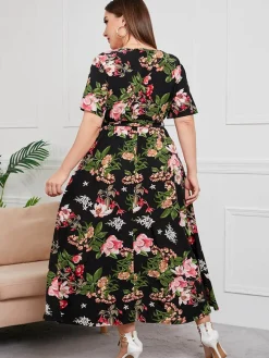New Retro Stage [Plus Size] 1940s Floral V-Neck Tie-Up Dress Multicolor