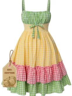 Fashion Retro Stage [Plus Size] 1950s Pure Cotton Straps Plaid Dress Multicolor