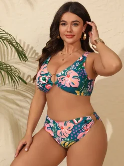 Best Retro Stage [Plus Size] 1950s Tropical Floral Bikini Set Multicolor